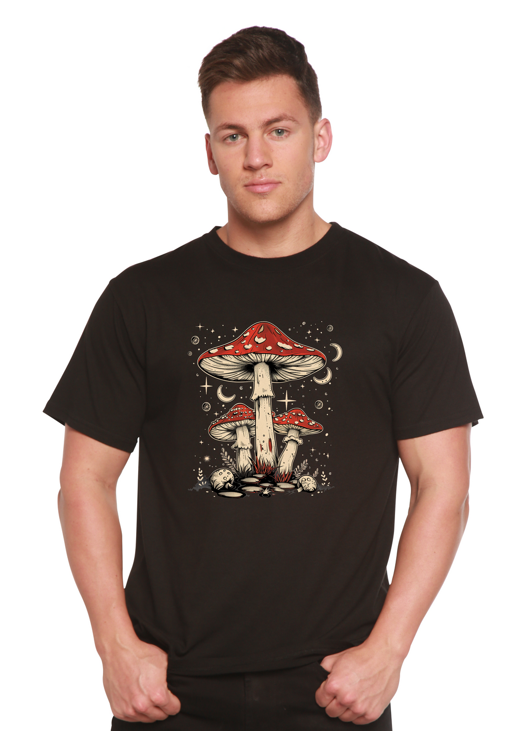 Boho Retro Hippie Mushrooms Natural Unisex Bamboo/Cotton Graphic T-Shirt