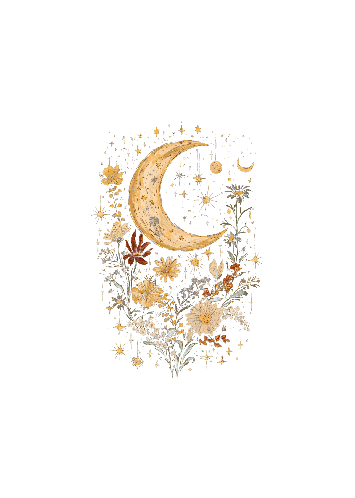 Celestial Moon Boho Flowers Vintage Unisex Bamboo/Cotton Graphic T-Shirt