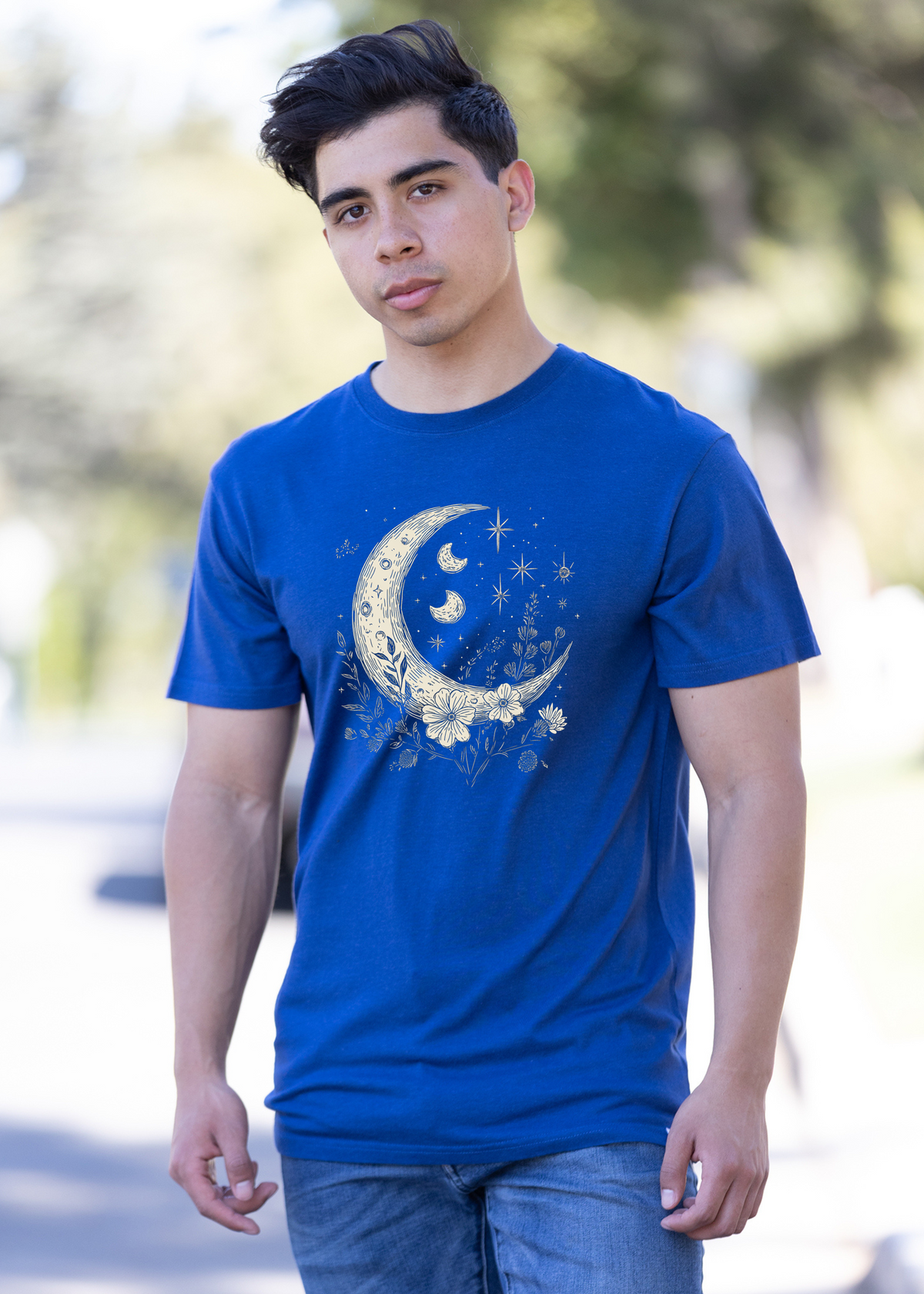 Moons and Stars Boho Flowers Vintage Unisex Bamboo/Cotton Graphic T-Shirt