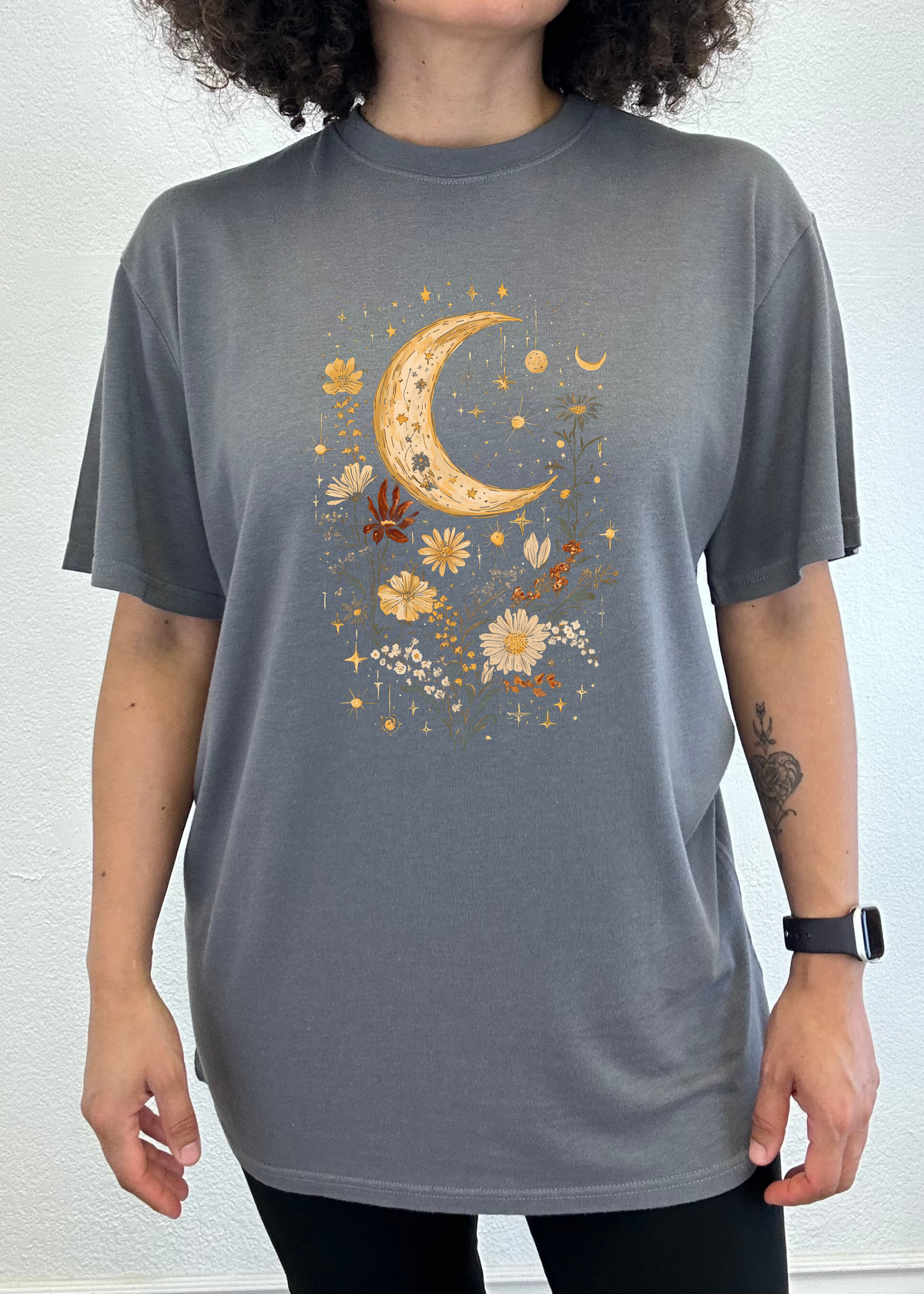 Celestial Moon Boho Flowers Vintage Unisex Bamboo/Cotton Graphic T-Shirt