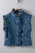 Victorian Muse Ruffle-Trim Denim Vest – High Collar Statement Layer