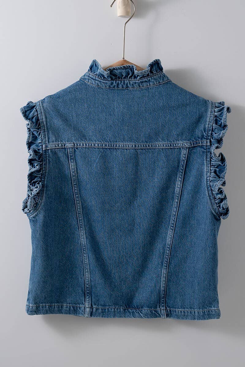 Victorian Muse Ruffle-Trim Denim Vest – High Collar Statement Layer