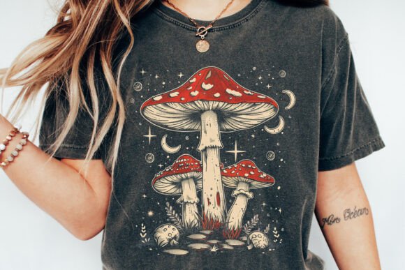 Boho Retro Hippie Mushrooms Natural Unisex Bamboo/Cotton Graphic T-Shirt