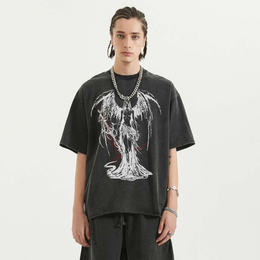 Fallen Angel Garment Dyed Streetwear Tee 260GSM Black Cotton With Faded Raw Hem