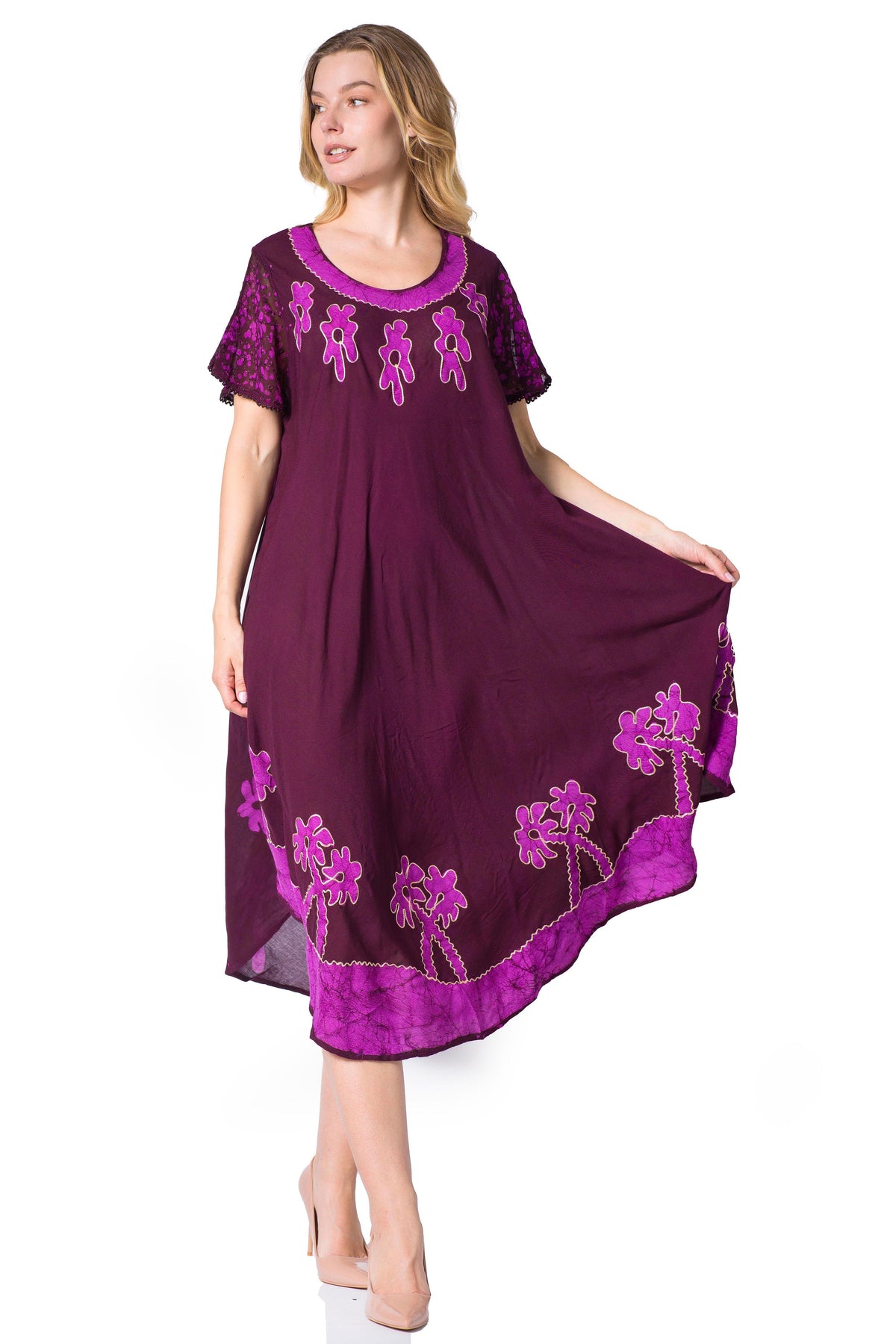Sakkas Batik Palm Tree Cap Sleeve Caftan Dress / Cover Up
