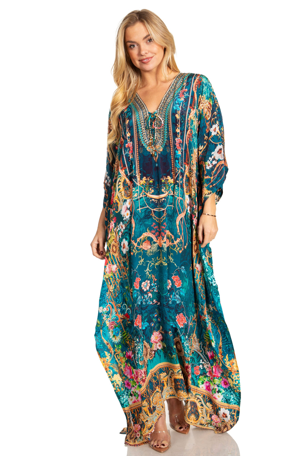 Sakkas Georgettina 2025 Flowy Rhinestone V Neck Long Caftan Dress / Cover Up