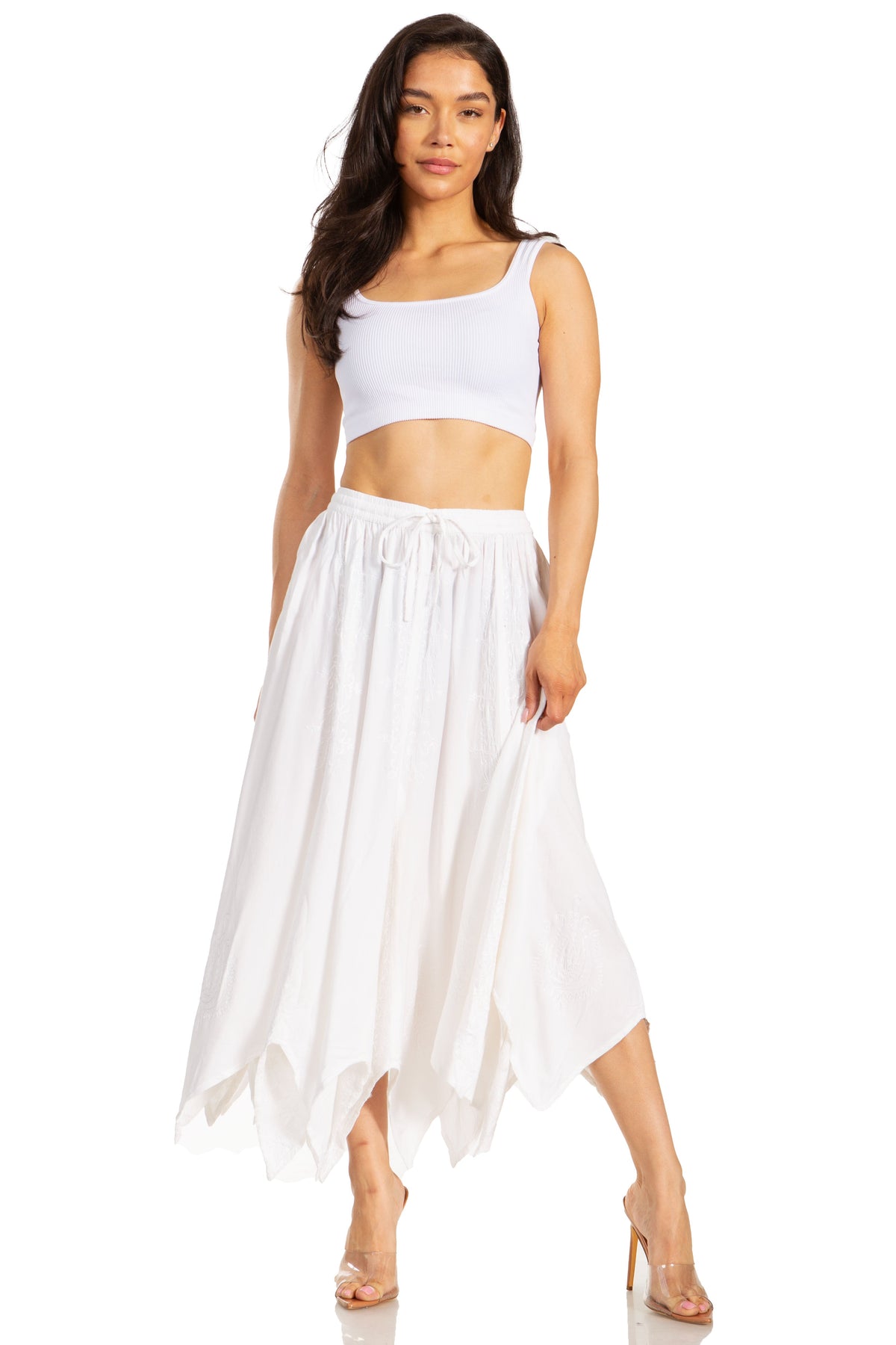 Sakkas Emery Womens Vintage Retro Maxi Rayon Embroidered Zigzag Hem Flowy Skirt