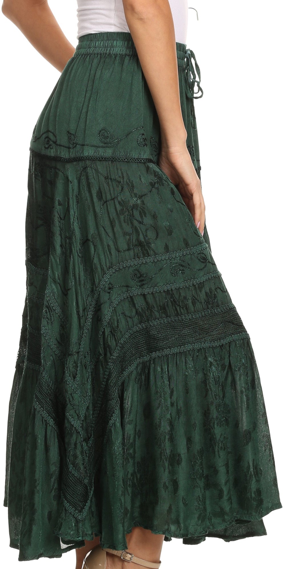 Sakkas Alber Adjustable Waist Boho Skirt With Detailed Embroidery With Ruffle Trim