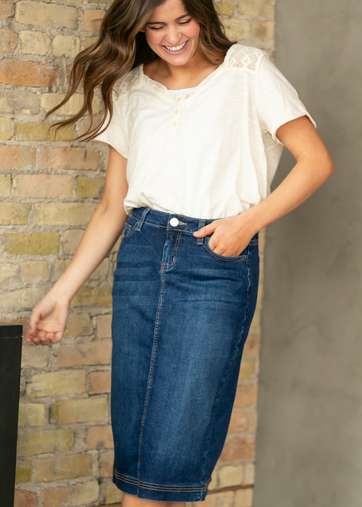 Bryn Dark Wash Denim Midi Skirt