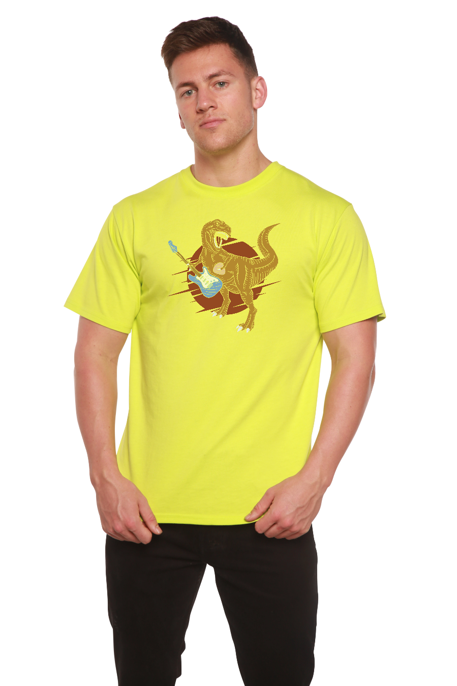 Dinosaur with a guitar Men's Bamboo Viscose/Organic Cotton Short Sleeve Graphic T-Shirt