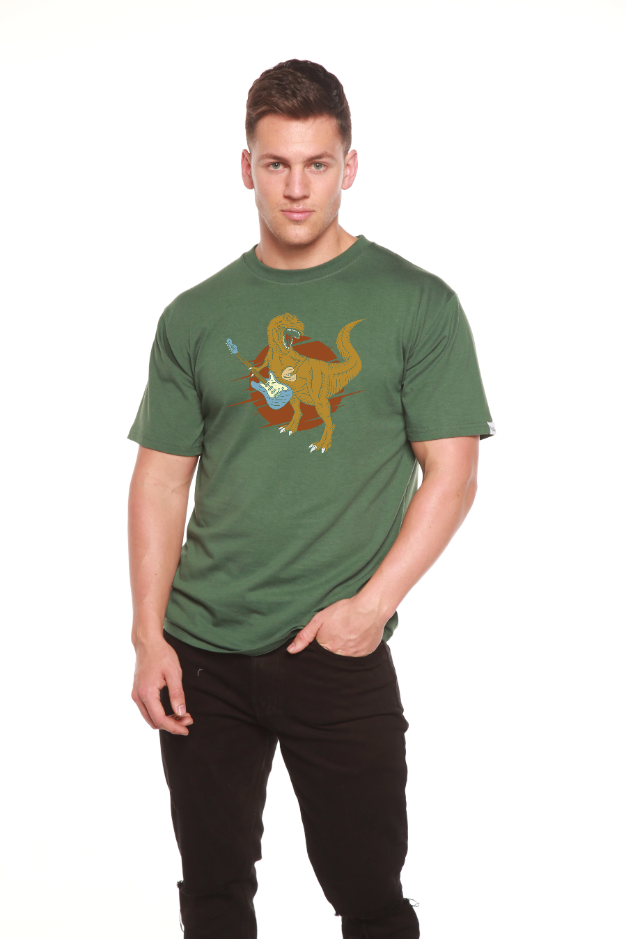 Dinosaur with a guitar Men's Bamboo Viscose/Organic Cotton Short Sleeve Graphic T-Shirt