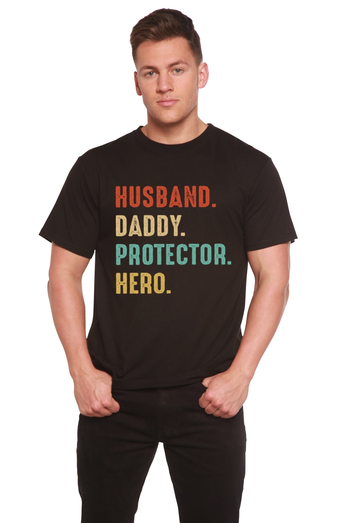 Husband, Daddy, Protector, Hero Men's Bamboo Viscose/Organic Cotton Short Sleeve Graphic T-Shirt