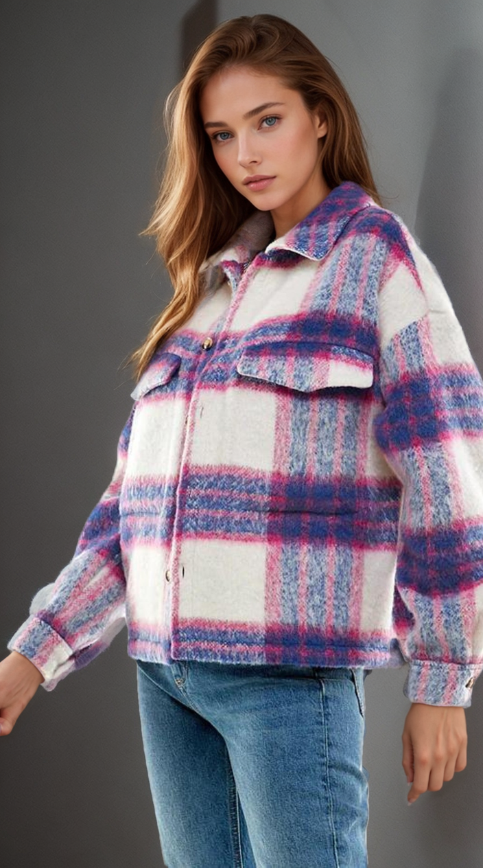 Soulful Serenity Denim Blue and Pink Brushed Plaid Shacket.