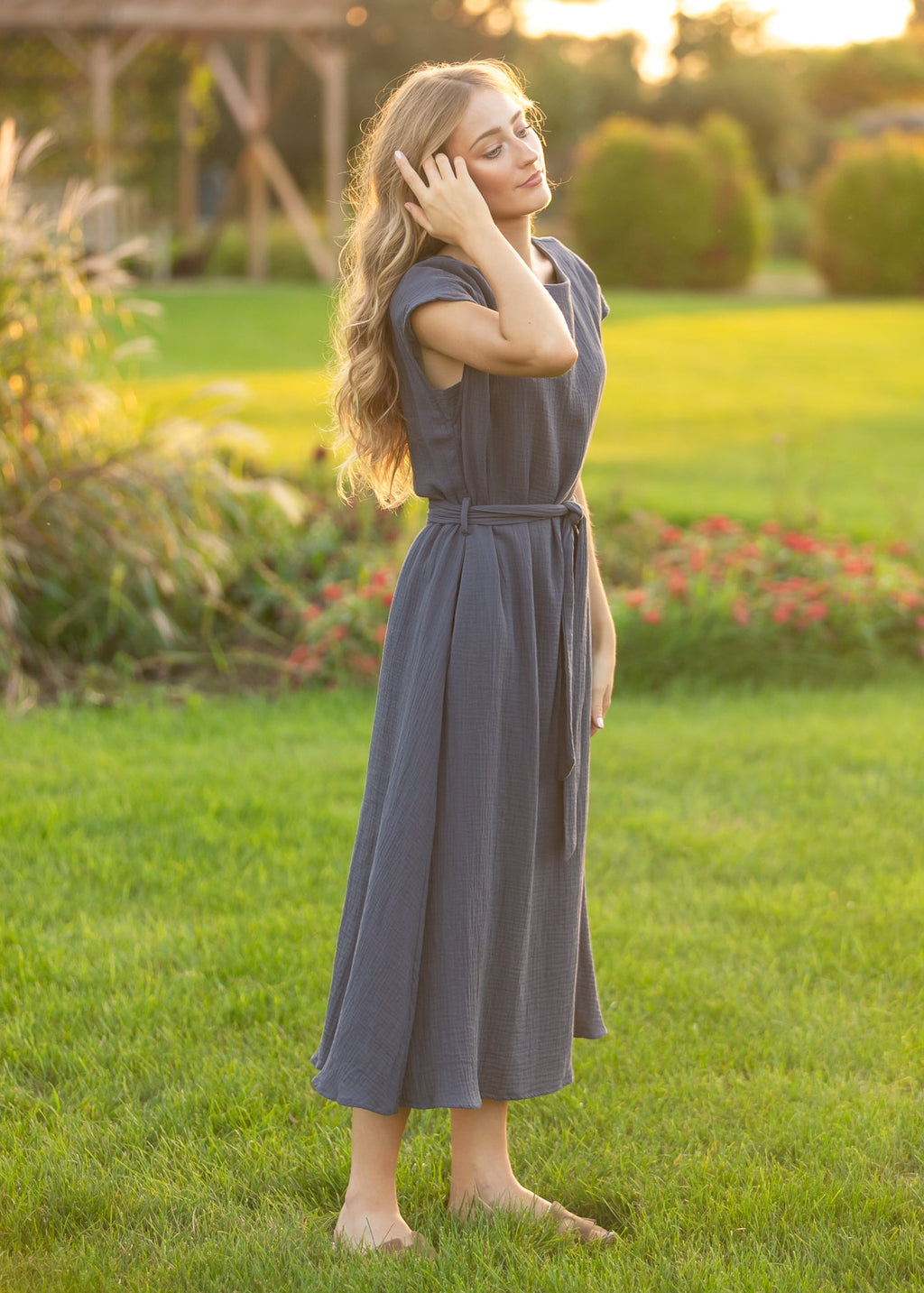 Lily Navy Gauze Belted Midi Dress