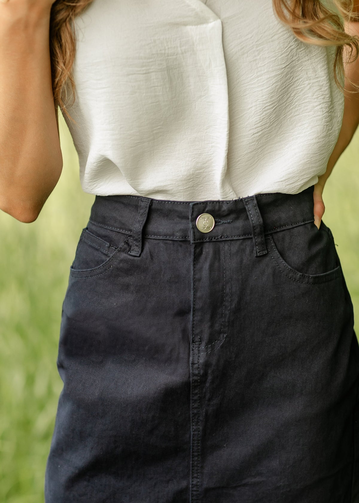 Remi Navy Denim Midi Skirt